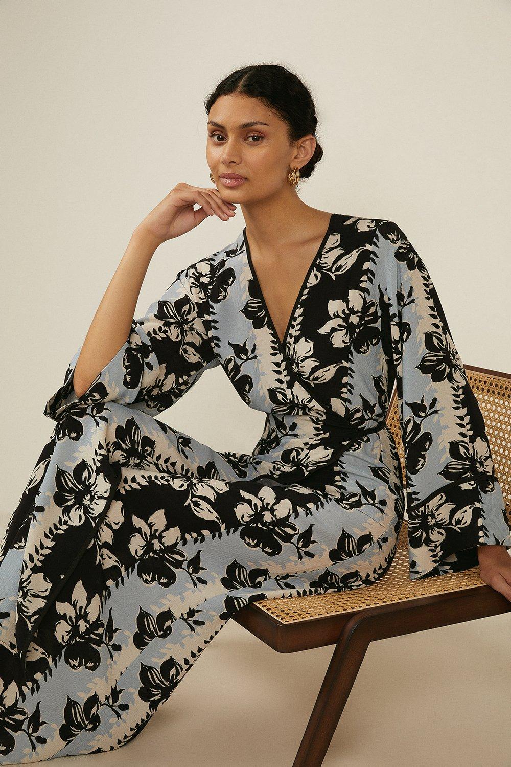 Vertical Floral Printed Midi Kimono Wrap Dress | Oasis